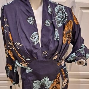 eShakti Wayward Fancies Navy Blue Floral & Bird Pattern Tunic Top